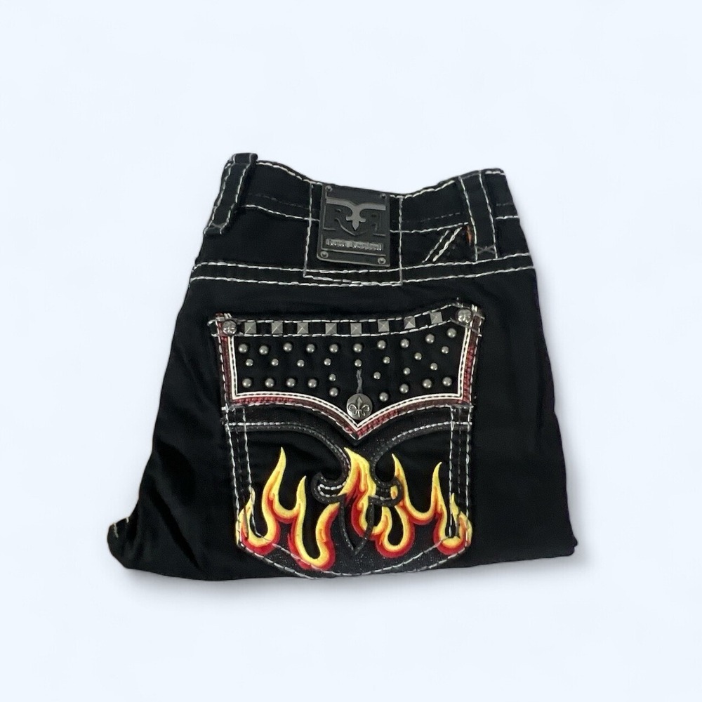 Rock Revival Jeans Quince Biker Black Denim Embroidered Flames Fire Mens Size 42